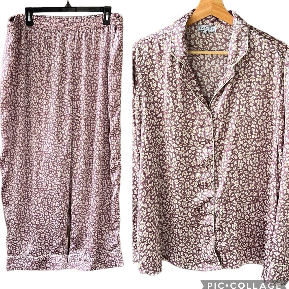 Tamsy XL Lavander Floral Satin Pajama Set. Long Sleeve Like New